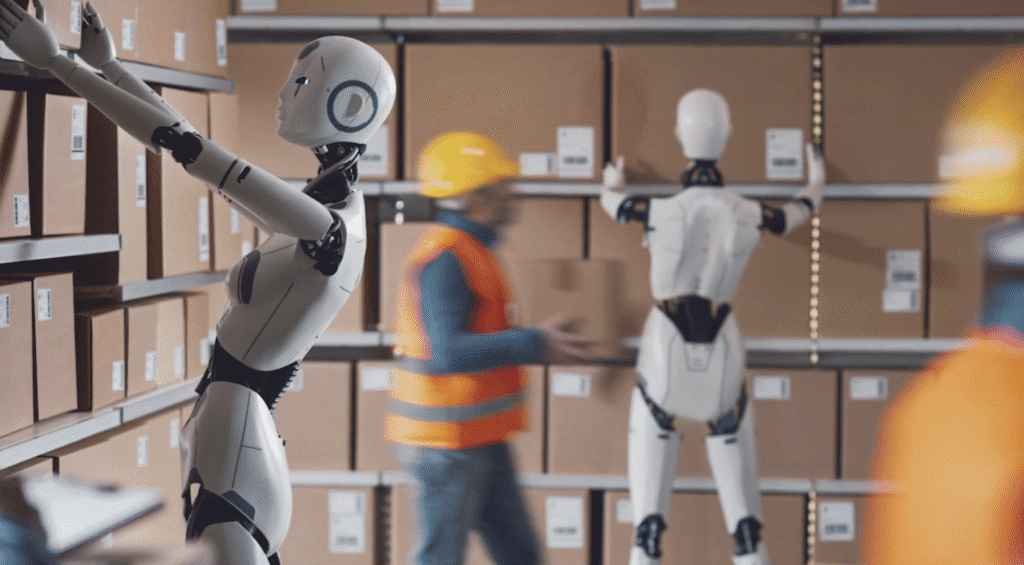 Human working with robots