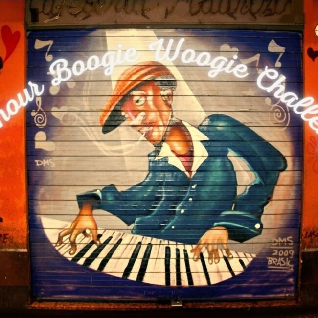Colorful mural as main image for 100 hours of boogie boogie piano