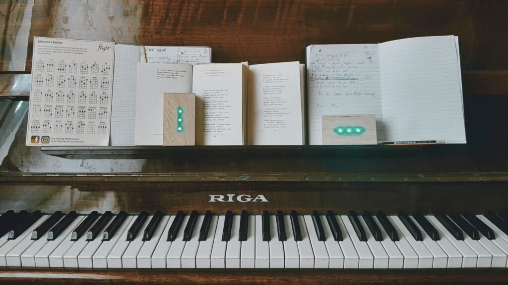 Practicing Piano cluttered piano image